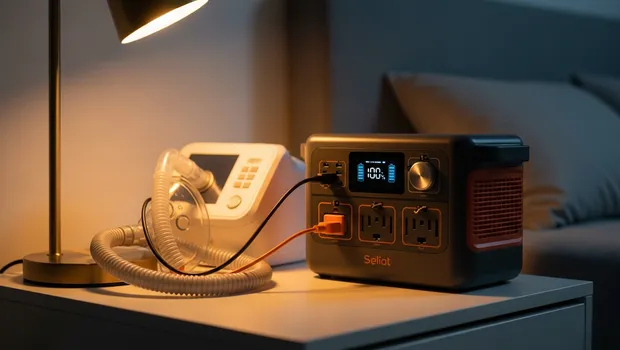 CPAP machine and portable power station on a bedside table